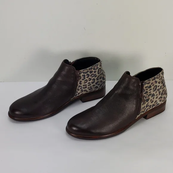NAOT HELM BROWN LEATHER CHEETAH PRINT SUEDE SIDES ZIP BOOTIES WOMEN'S 42 L 11 - Picture 1 of 11